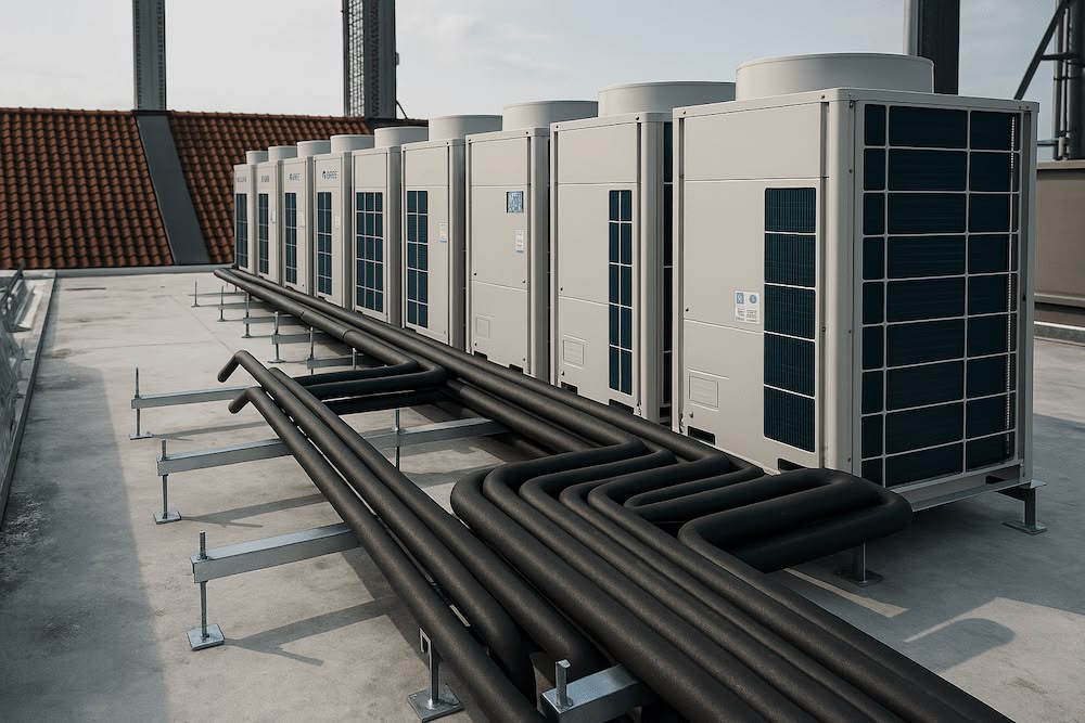 Наружные блоки VRF-системы с трассами на кровле объекта